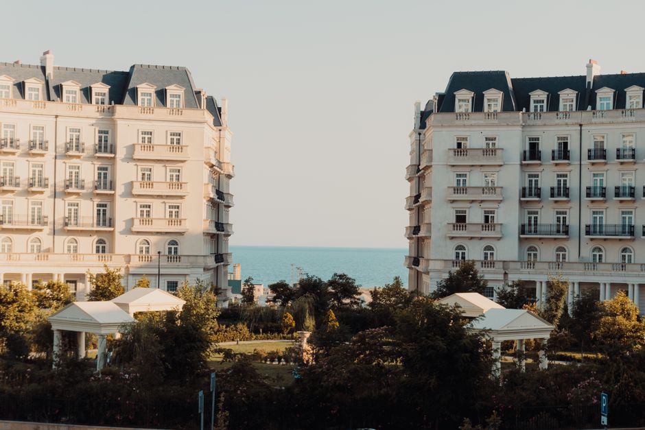 Charming residential buildings by the Caspian Sea in Baku, Azerbaijan, showcasing classic architecture.