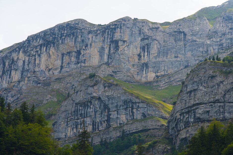Breathtaking view of the rugged Swiss Alps with vibrant greenery and towering rock formations.