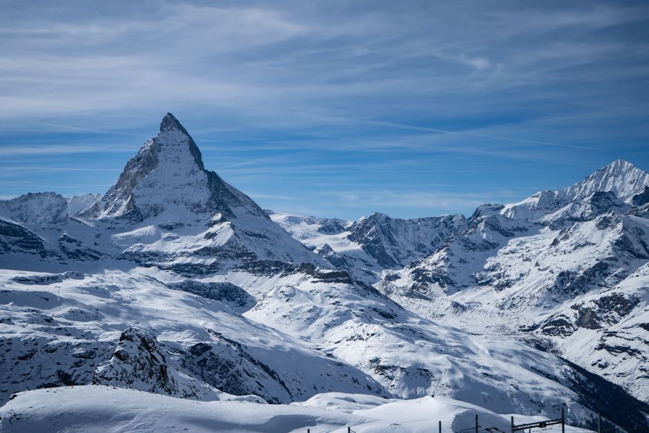 The snow-covered Matterhorn above Zermatt in winter