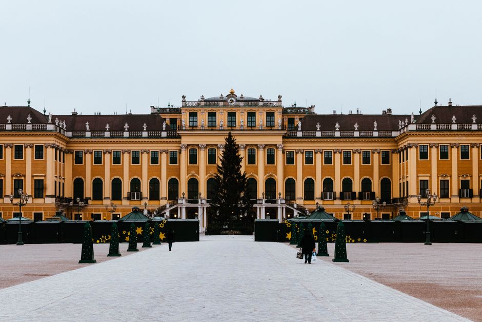 Front view of the historic Schonbrunn Palace in Vienna, Austria, during winter.